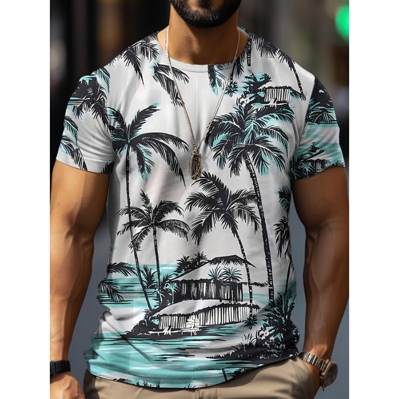 

Summer fun men and women fashion leisure vacation seaside coconut tree print polyester t-shirt casual trendy round neck t-shirt L