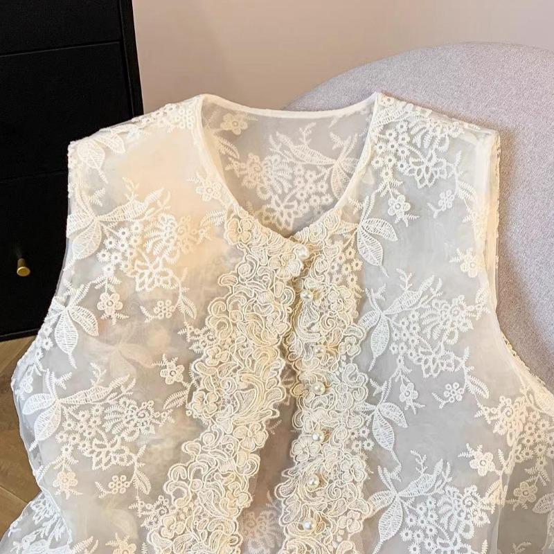 Damen Floral Bestickt Spitze Rundhals Ärmellos Weste