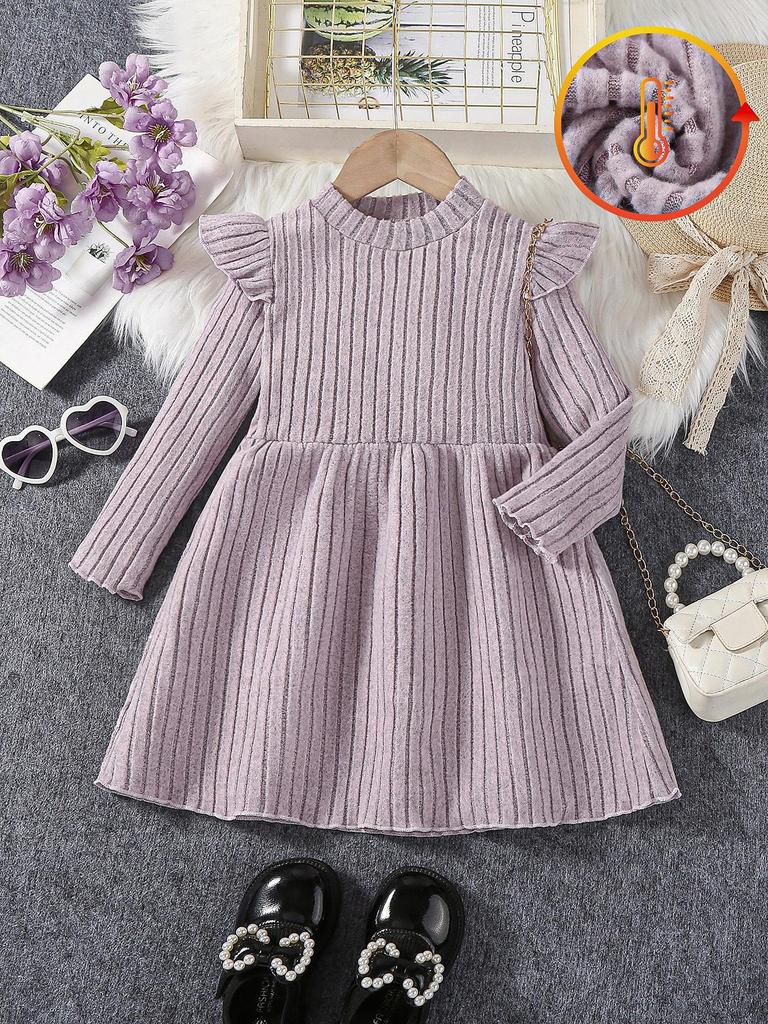 Girl's Casual Fashion Outfit with Striped Ruffle Edge Long Sleeves&comfortable Solid Color Dress for Spring, Autumn and Winter Styles