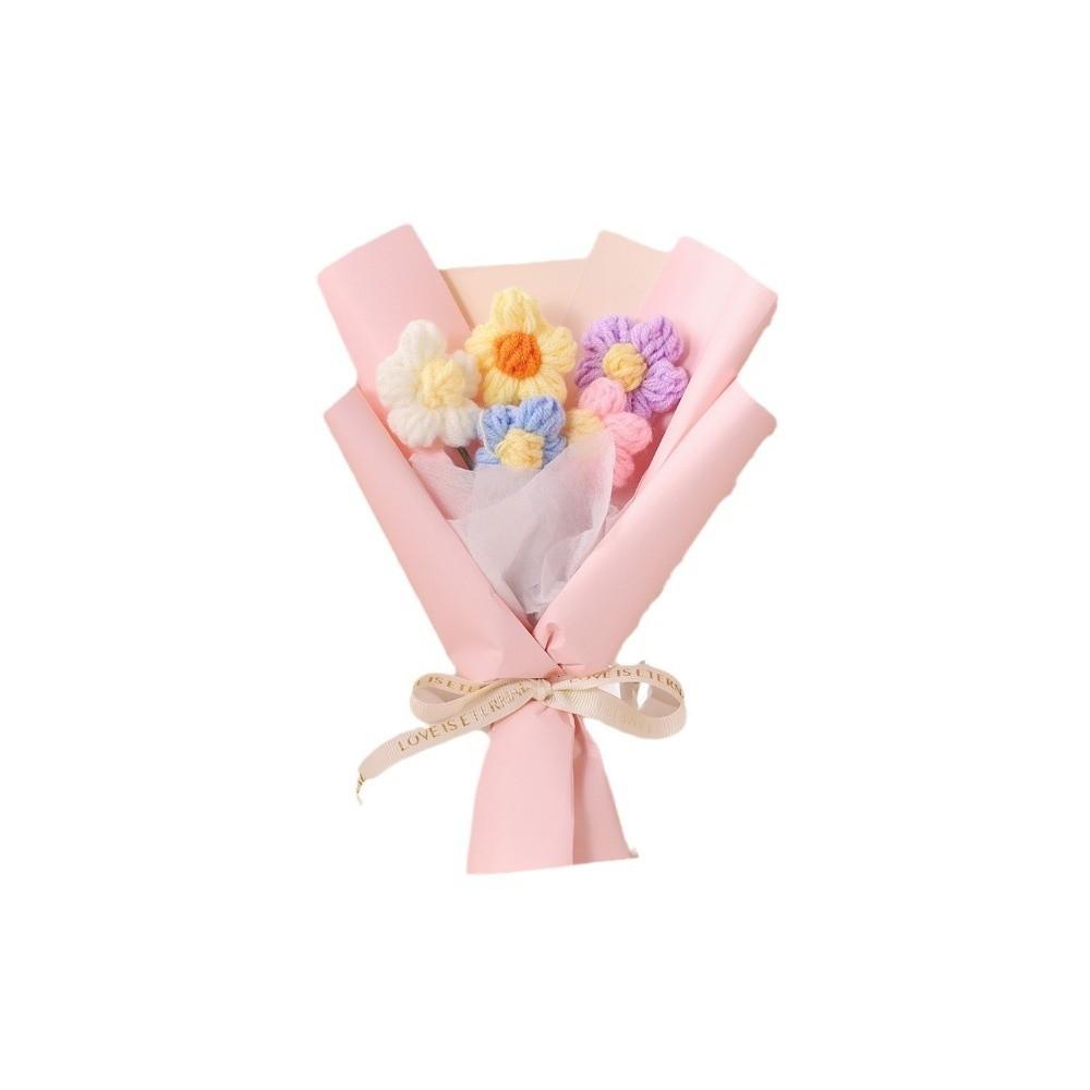 Cute Artificial Crochet Flowers Bouquet Handmade Mini Size Knitted Puff Flower 5 Stems Simulation Knitted Flower Teacher's Day
