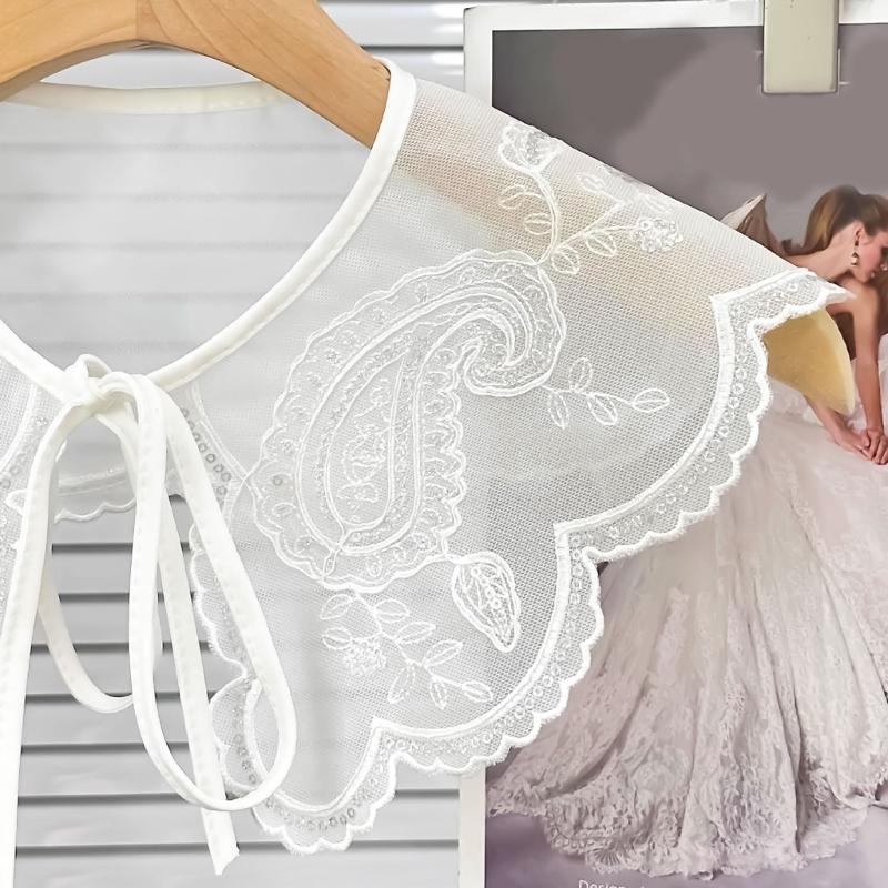 Elegant White Embroidered Flower Detachable Collar for Women Fashionable Sequins Embellished Mesh Shawl Wrap Capelet