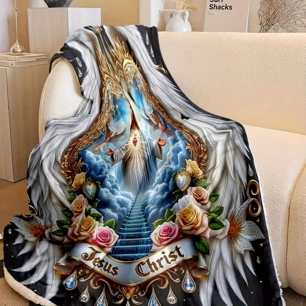 Jesus Christus Engelsherz-Flanelldecke – weich, kuschelig und maschinenwaschbar, religiöses Design mit Rosen und goldenen Akzenten