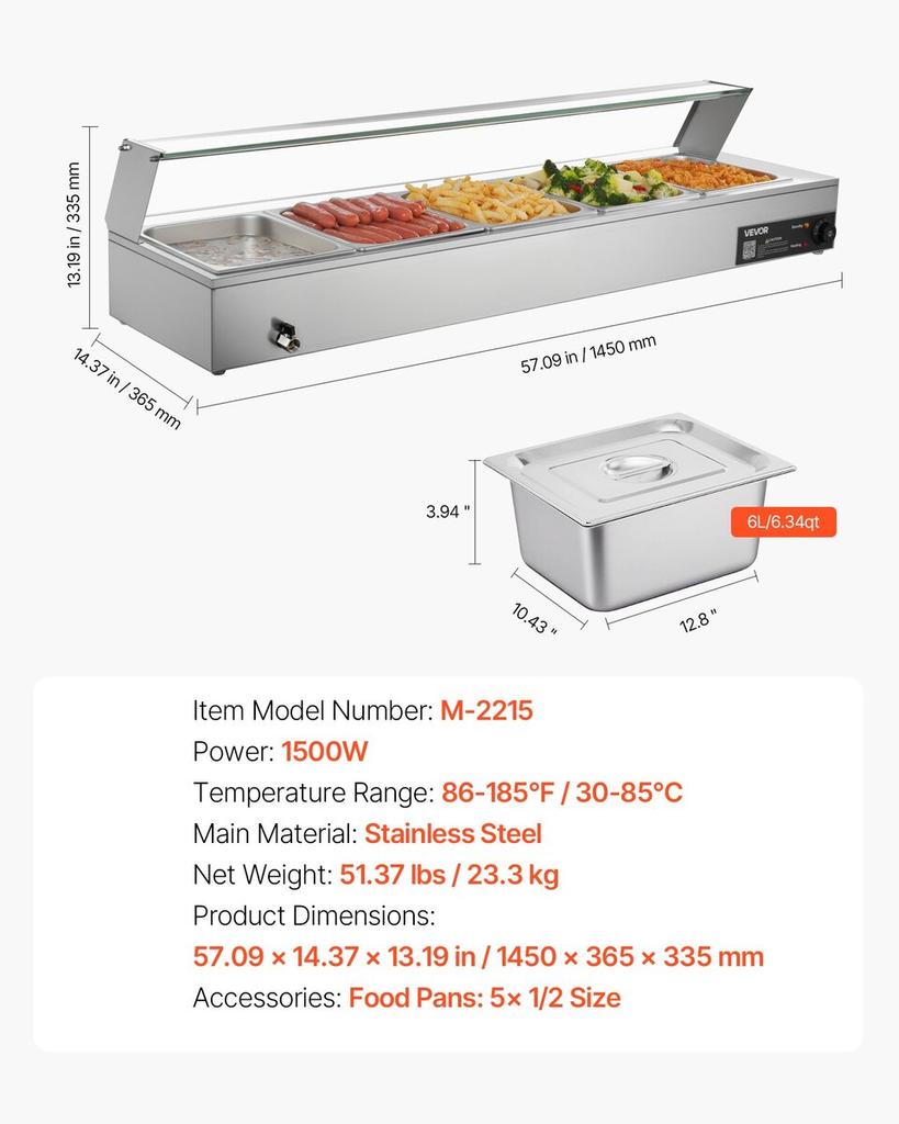 Commercial Food Warmer, 1500W Electric Stainless Steel Steam Food Warmer with Glass Cover, Countertop Buffet Bain Marie with Five 1/2 Size Food Pans,