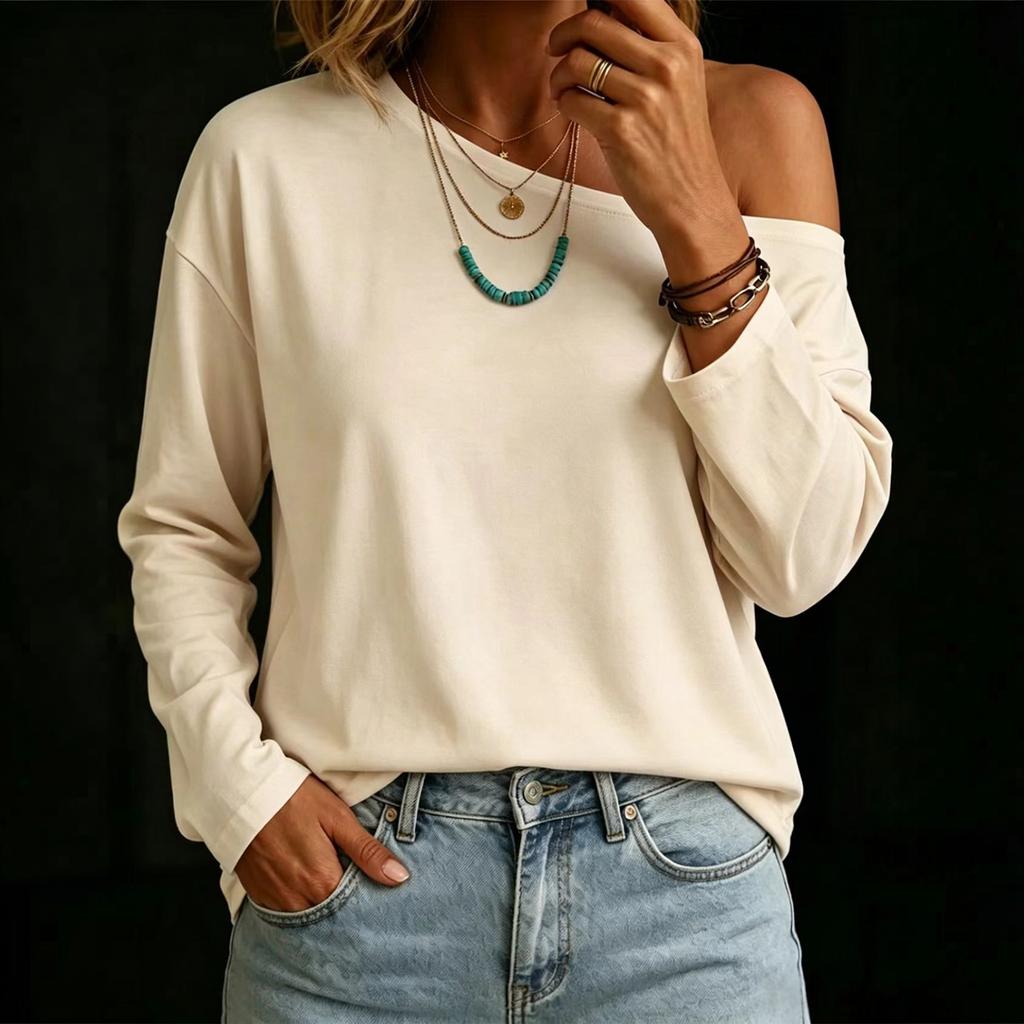 Women's Casual Long Sleeve Loose Fit T-Shirt with Asymmetrical Neckline Color