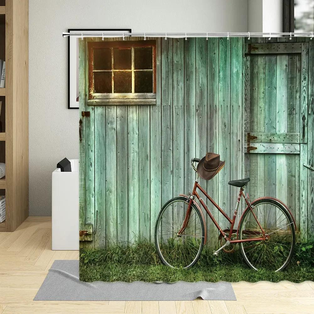 Vintage Wooden Door Shower Curtains Retro Wood Board Grain Printing Decor Screens Waterproof Fabric Bathroom Curtains With Hooks