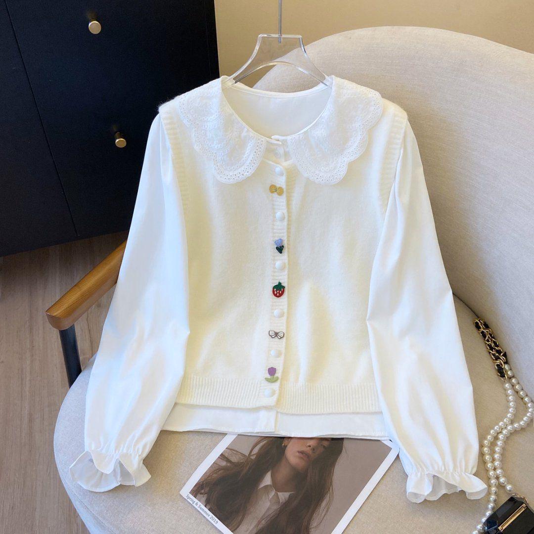 Spring 2026 Girls  Sweet Doll Collar Shirt & Layered Knit Vest Set S (suggested 85-100 jin) абрикосовый
