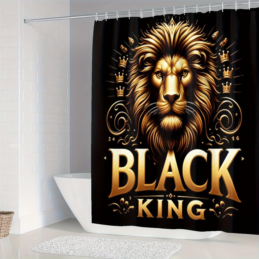 4Pcs Lion Pattern Shower Curtain Set with Non-Slip Bath Mat, Toilet Lid Cover, Contour Rug & 12 Hooks, Bathroom Decor