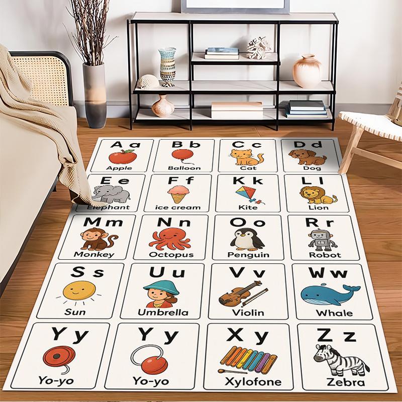 Alphabet Animals and Objects Rug Non-slip Rug Suitable for Living Room and Bedroom Sofas.