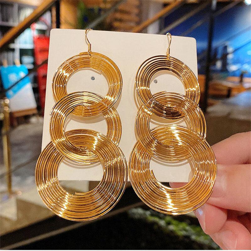 

Большие геометрические 3 круга золотого цвета металлические длинные висячие серьги в стиле панк модные женские туфли богемные длинные висячие серьги вечерние украшения