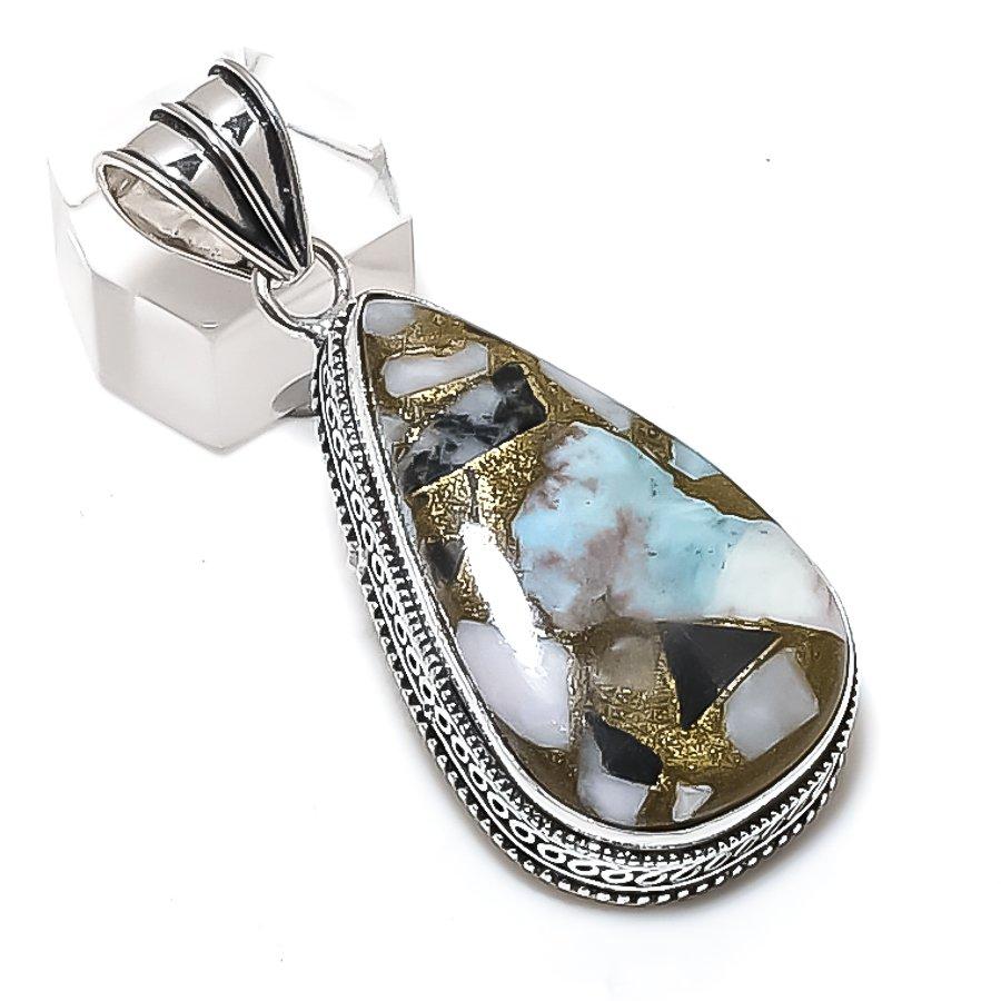 Copper Larimar Gemstone Handmade 925 Sterling Silver Jewelry Pendant 2.25" J9B28