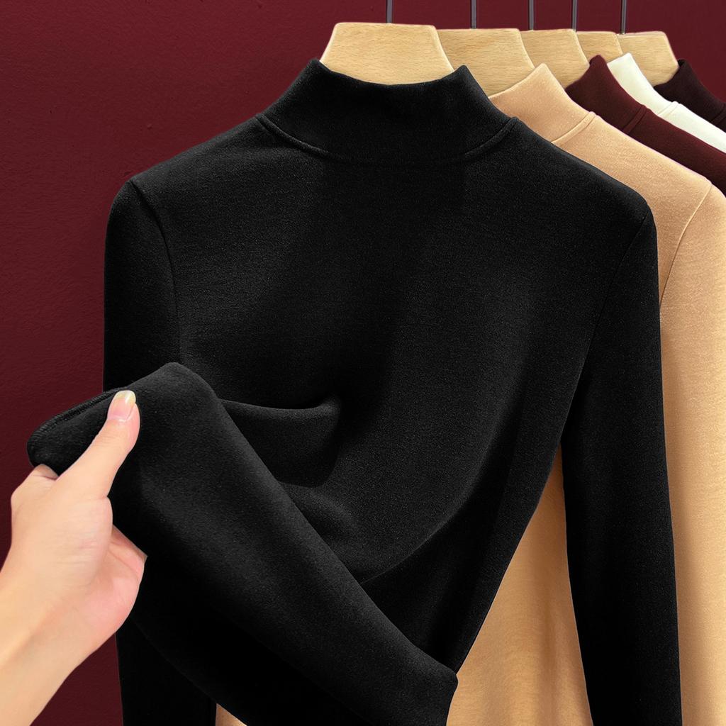 Semi-turtleneck silk thermal underwear women's top, piled and thickened inside, including wool bottoming shirt, heating autumn clothes winter