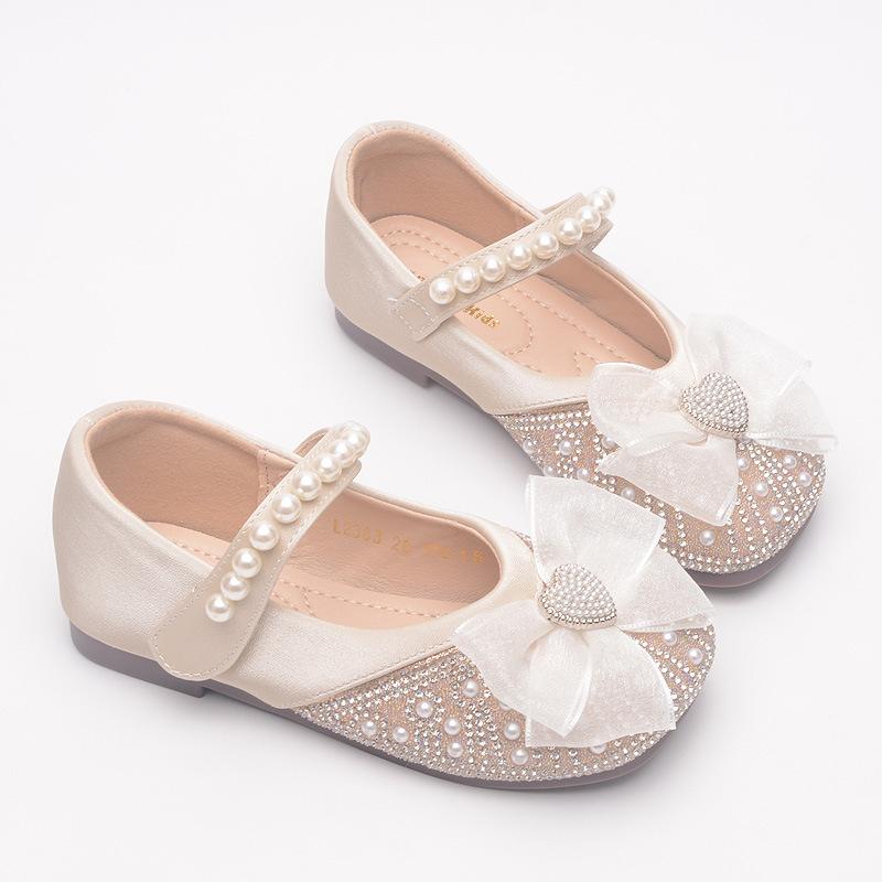 Girls' Princess Shoes Spring and Autumn New Rhinestone Pearl Flats for Baby Girls, Children's Non-Slip Performance Leather Shoes