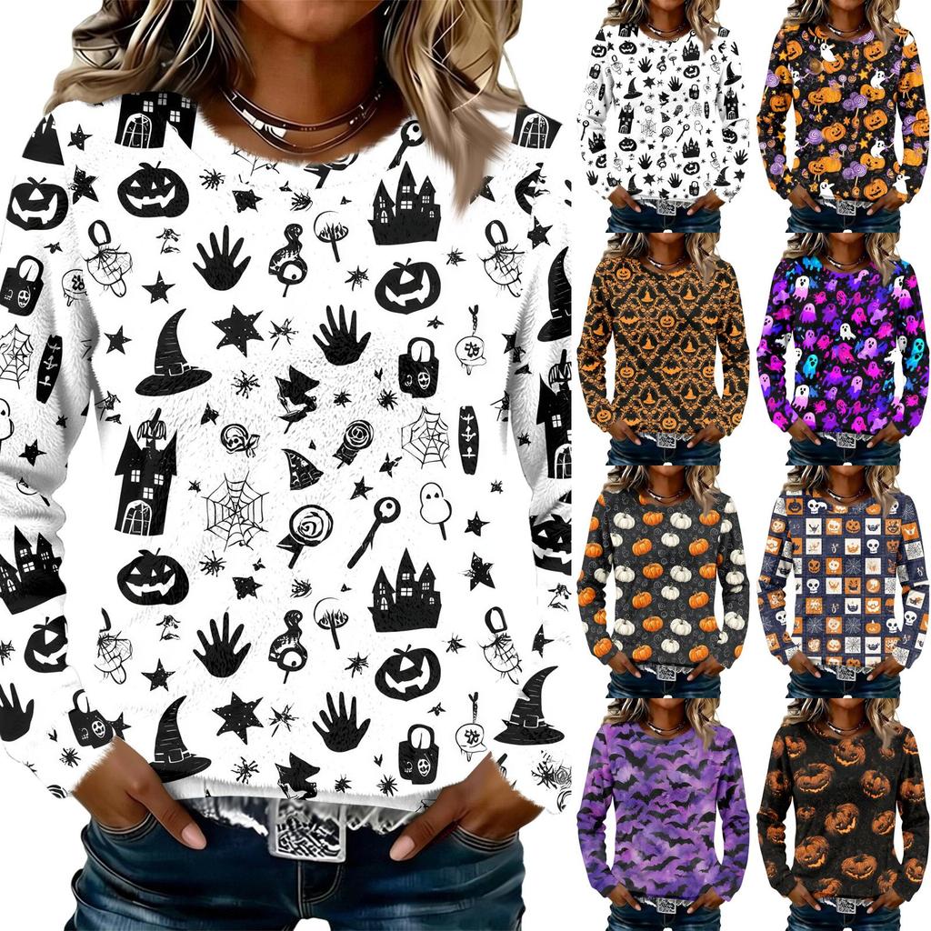 Women's Halloween Flannel Long Sleeve Neck Shirt for Fall Festivals and Daily Wear