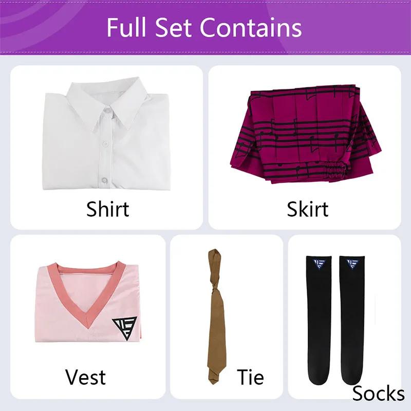 Anime Danganronpa Kaede Akamatsu Cosplay Kostuum, roze vest, overhemd, rok, uniform, pruik voor vrouwen en meisjes, XS purple