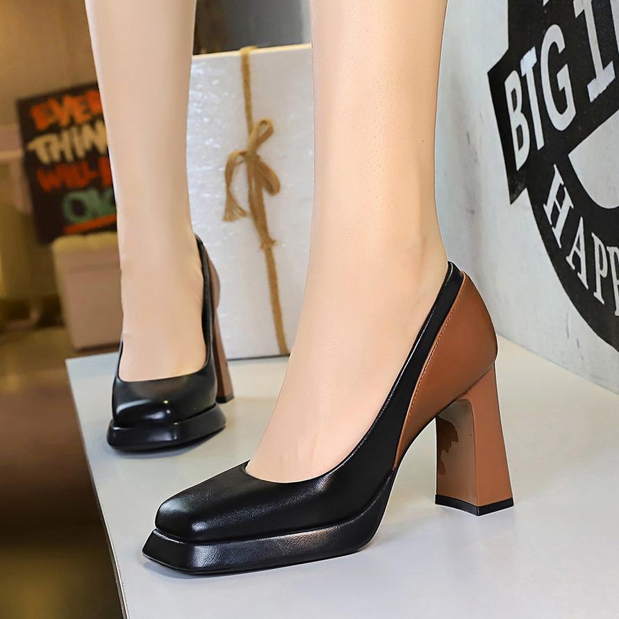Shanggui Super Girl High Heels Thick Heels Color Blocked Single Shoes