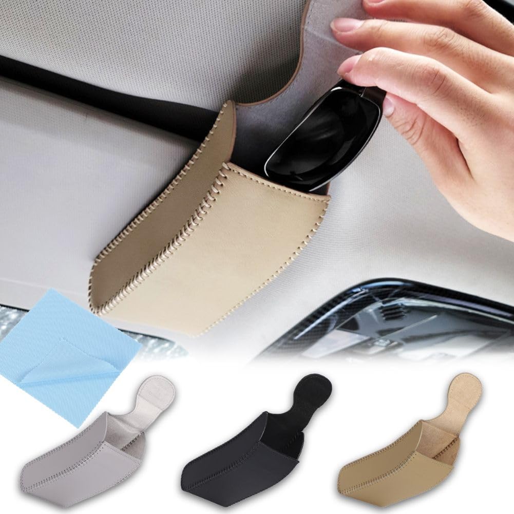 PALTIA Car Sunglasses Vertical Glasses PU Sun Visor Lens Cleaning Cloth Included Holder, Type, Storage, Leather, Mount, (Beige)