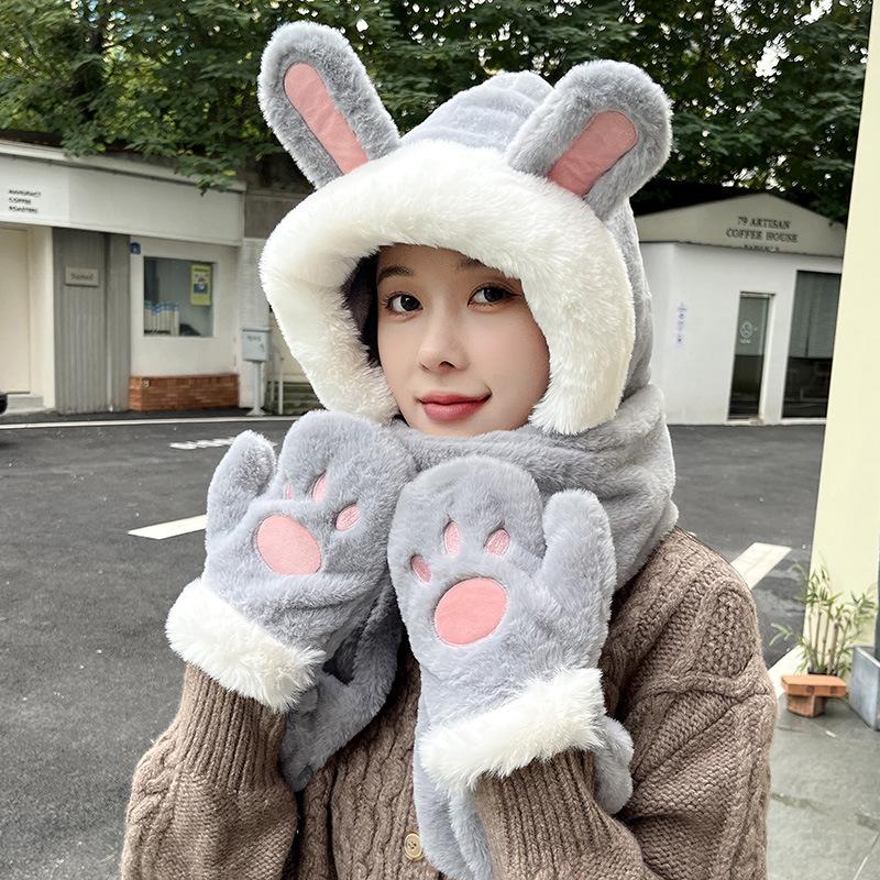 Women's Winter Rabbit Plush Hat, Scarf & Gloves Set - Cute, Thick, and Windproof.