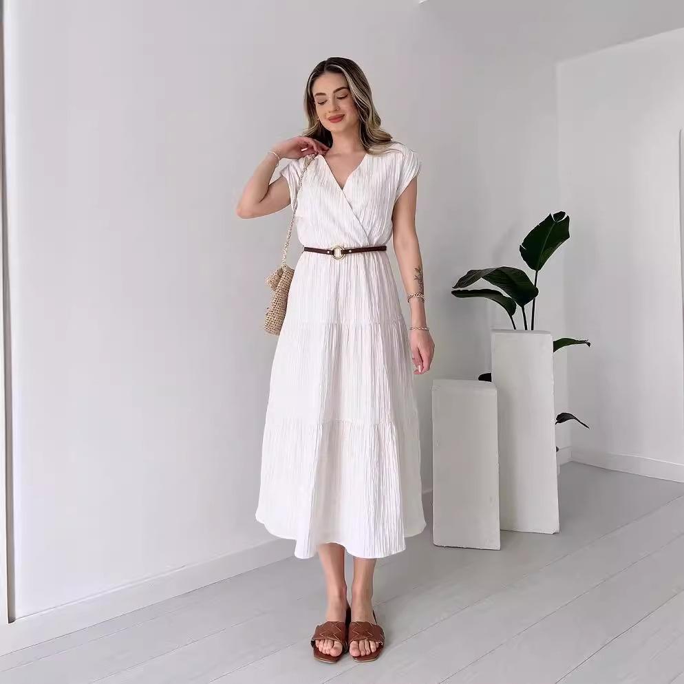 2024 Summer Women's Solid Color V-Neck Long Slim Dress