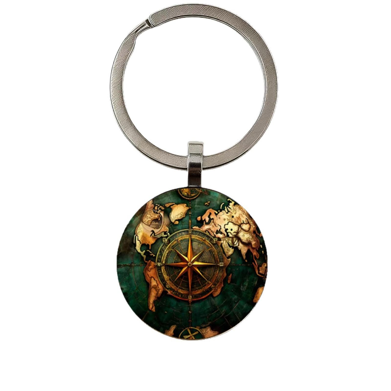 

Round Alloy Keychain Pendant with Map and Compass Pattern Durable Metal Key Ring for Bag Wallet and Keys Organizer One Size