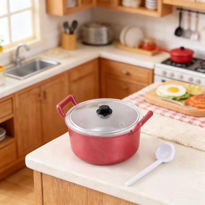 1Pcs Dollhouse Kitchen Utensil Cooking Ware Play Kitchen Toy Mini Double Ear Red Soup Pot With Lid Doll House Accessories