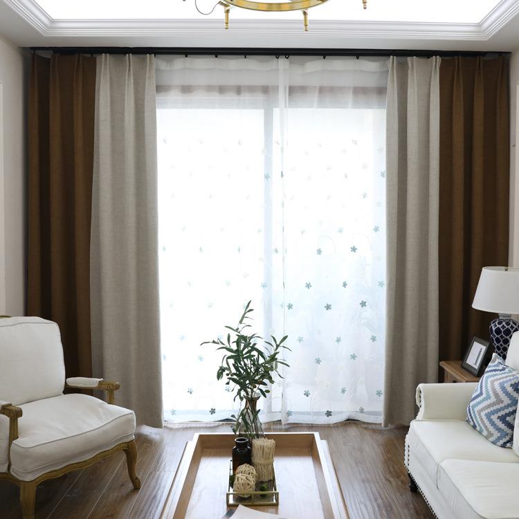 American Simple Solid Color Splicing Full Shading Nano-Coated Linen Curtains, Living Room Bedroom Finished Product Customization