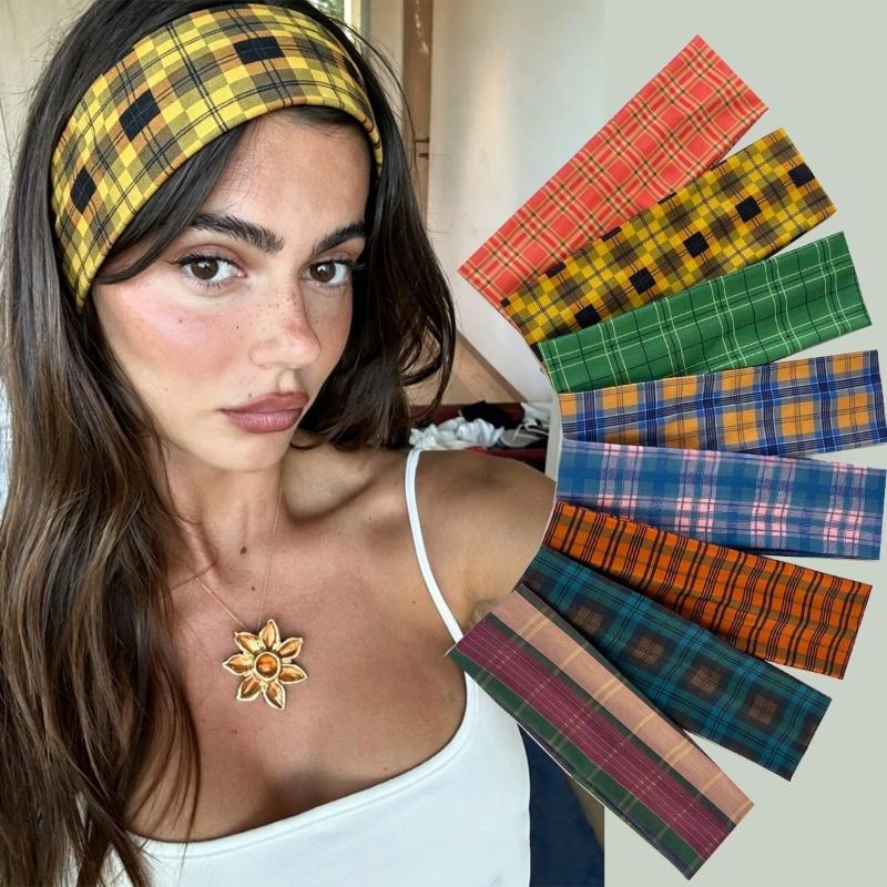 Retro Colored Checkered Pattern Headband Fashion Women Y2K Hair Accessories Cute Sweet Dating Hair Band Elastic Sports Headband