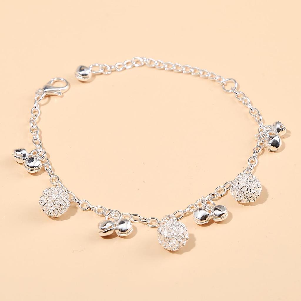 Ethnic Style Silver Imitation Bracelet & Anklet Set - Hollow Ball & Bell Design for Ladies