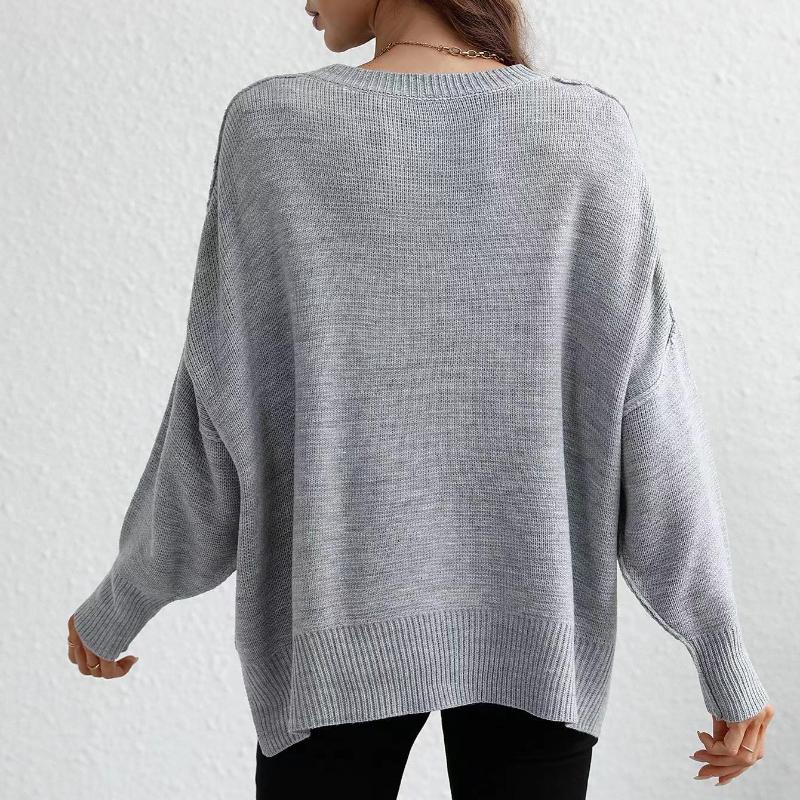 IHUASU Autumn and Winter Fashion Women's O-Neck Knit Loose Split Pullover Sweater