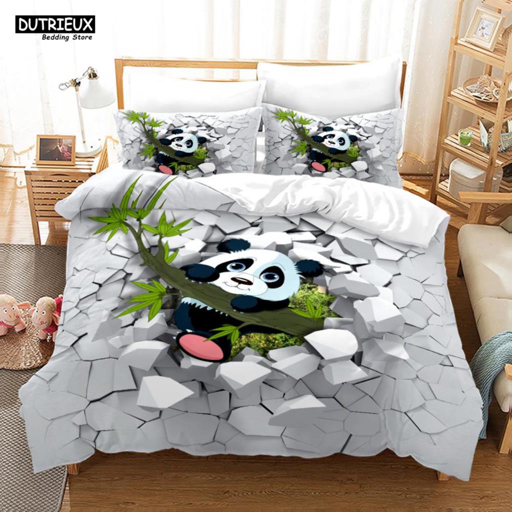 Cartoon Chinese Panda Bedding Set Soft Microfiber Double Queen King Twin Duvet Cover Kids Girls Room Decor White Duvet Cover