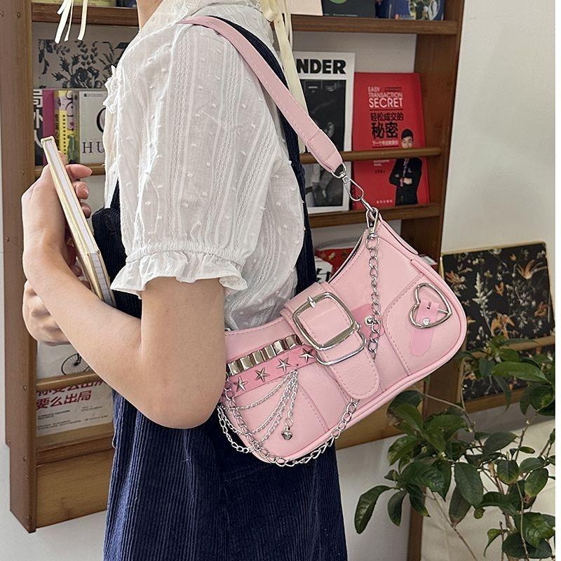 Fashi Hot Girls Square Shoulder Bags Retro Rivet Star Women's Underarm Bag Sweet Pu Leather Female Chain Handbags Pink Purse