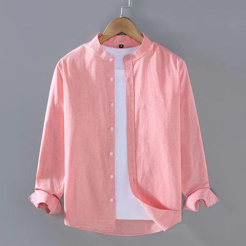 

Spring Summer Men s Linen Shirt Pure White Stand Collar Long Sleeve Henley Soft Comfortable Simple Slim Fashion 3XL