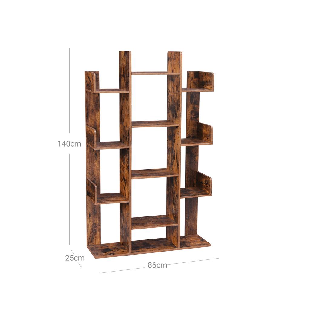 VASAGLE Libreria, Libreria a Forma di Albero con 13 Ripiani, 86 x 25 x 140 cm, con Angoli Arrotondati, Marrone Rustico