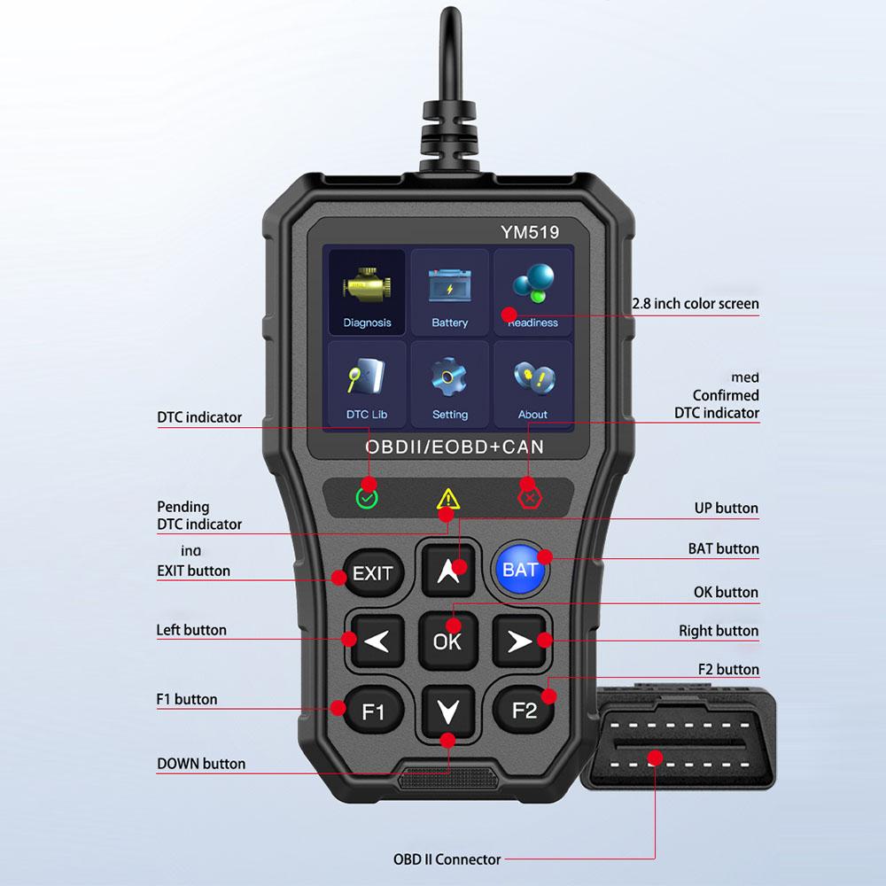 Check Engine System Fault Code Scanner Battery Tester Multi-language YM519 Code Reader OBD2 Code Reader Car Diagnostic Tool