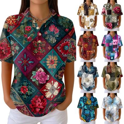 Women’s Casual Short Sleeve Knit Polo Shirt with Vintage Floral Print and Button Down Collar for Everyday Wear