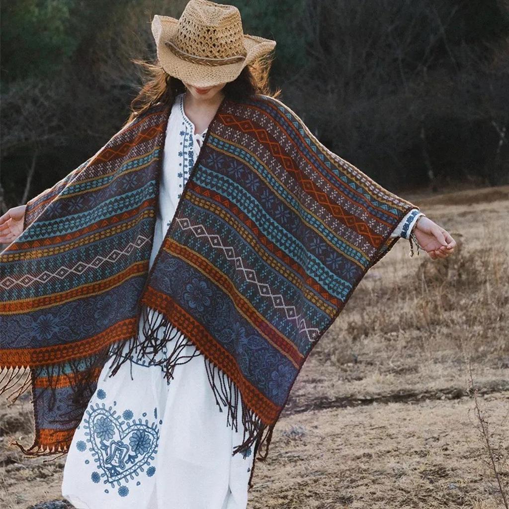 Ethnic Striped Cape: TikTok Trending Versatile Travel Shawl from Tibet & Yunnan - Warm & Stylish