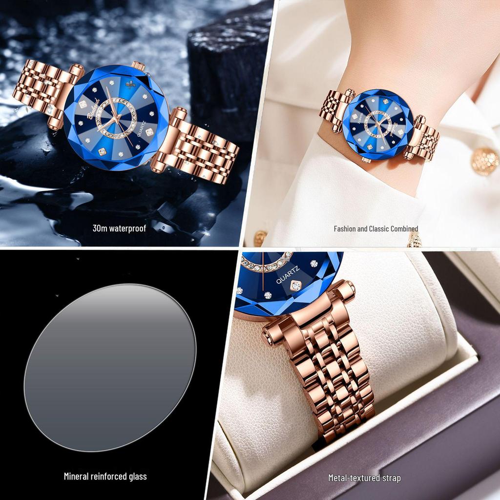 Women's Waterproof Ocean Heart Multi-Faceted Glass Watch with Stainless Steel Band - Blue Starry Sky Design