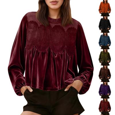 Loose-fitting, Slimming Mid-length Long-sleeved Solid Color Top With Mesh And Velvet Splicing