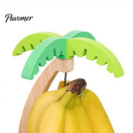 Natural Wood Fruit Stand Wooden Banana Hanger, Coconut Tree Shape, with Metal Hook, Display Tropical Theme Stable Base Rack, for Kitchen Countertop