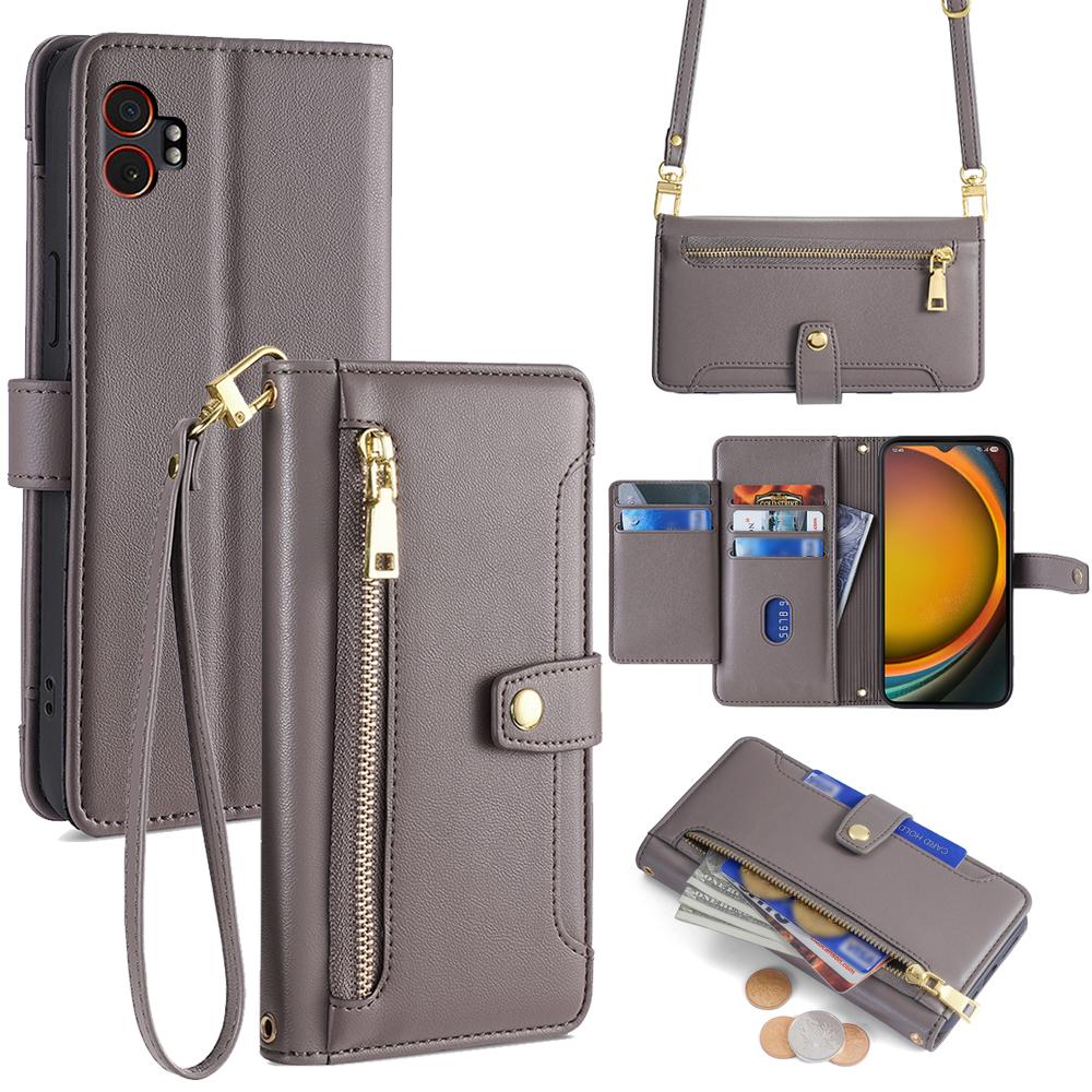 For Samsung Galaxy XCover7 Pro Leather Case Zipper Pocket Wallet Phone Cover with 2 Straps