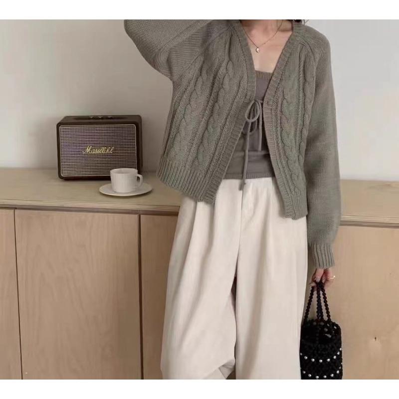 Knitted Cardigan Jacket New Soft Waxy Short Sweater Top Versatile Round Neck Lace-up Twist Shawl Two-piece Set Women
