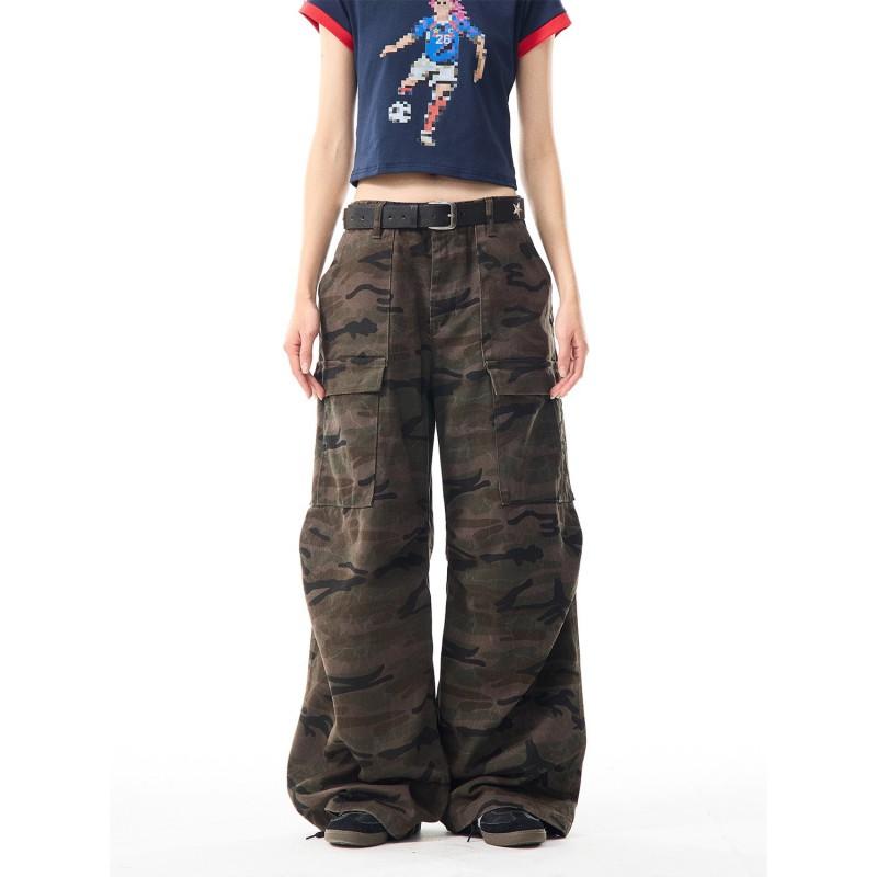 Vintage Camo Cargo Jeans Women Loose Straight Leg Casual Wide Pants Streetwear