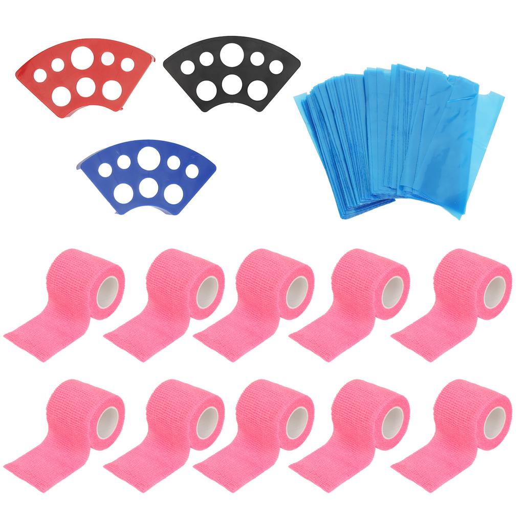 200 ks Modré kryty na tetovací strojek, 10 ks gripových pásek, 3 ks stojánků na kelímky s inkoustem, elastické