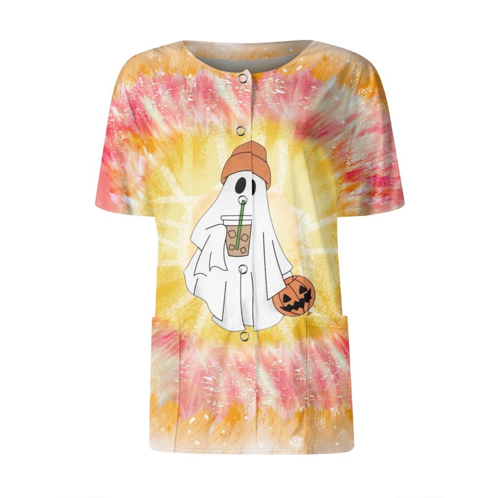 Women's Short Sleeved Patterned Pockets, Work Print Stand Up Collar, Single Breasted Protective Clothing, Cardigan Jacket, Top