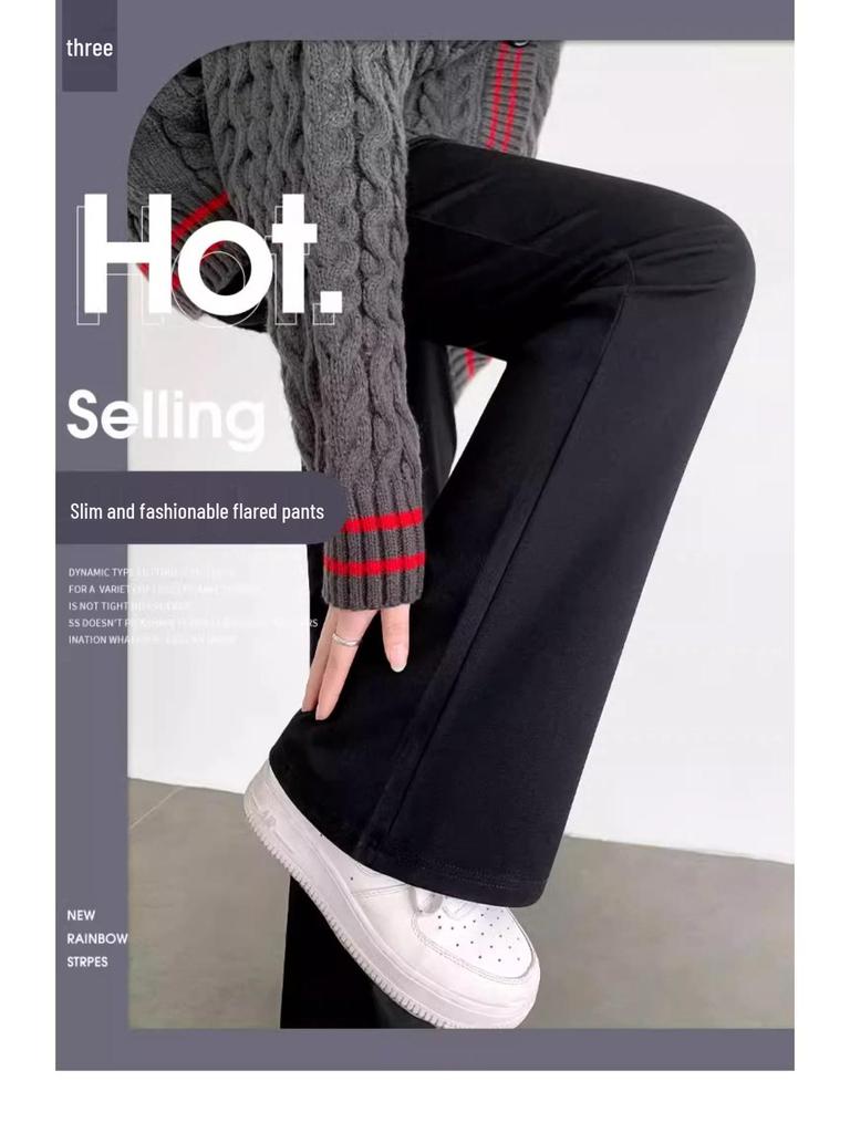 Women's Petite Black Slim-Fit High-Waisted Flared Pants for Spring/Autumn