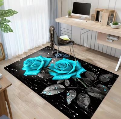 Luxurious Blue Rose Carpet with Elegant Floral Water Droplets and Butterfly Decorations Kitchen Bathroom Laundry, and Home Decor