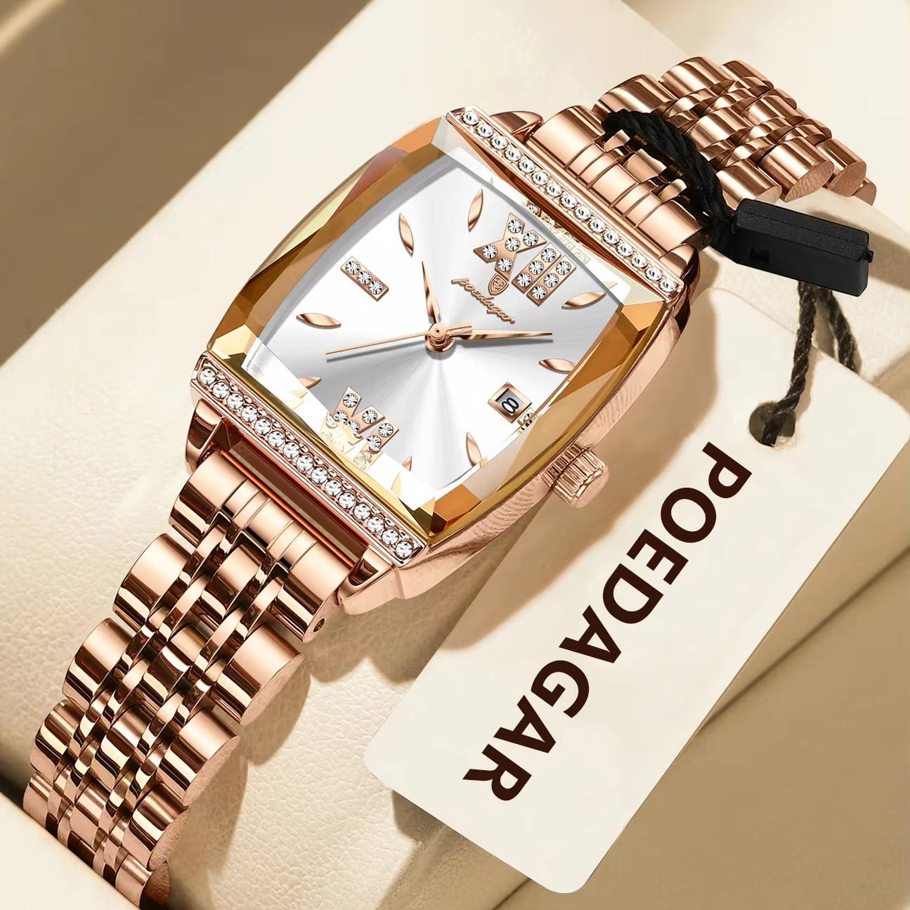 Poedagar 795 Women Quartz Watch Stainless Steel Strap Tonneau Dial Waterproof Roman Numeral Calendar Elegant Wristwatch Poedagar 795