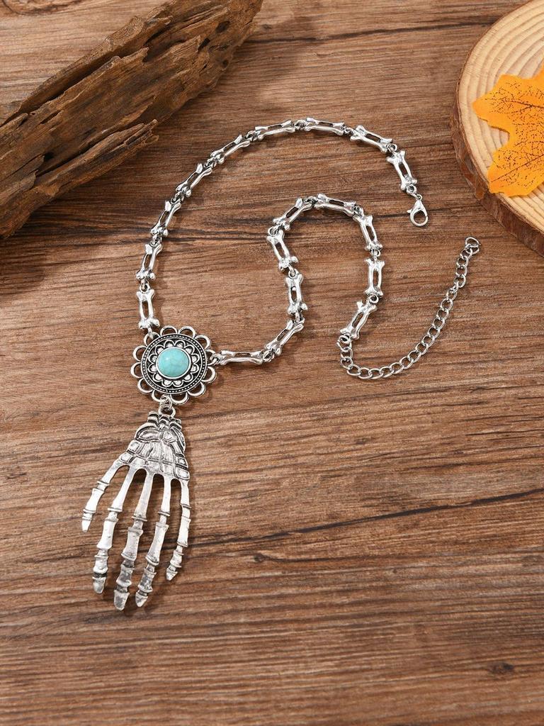 Gothic Skull Hand Pendant Necklace With Geometric Zinc Alloy Chains For Men And Women Halloween Accessory