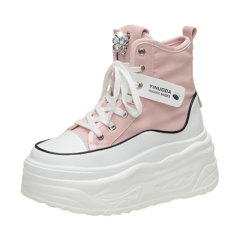 Fashion Women's High-top Canvas Boots, Rinse Boots, Wedge Heel Sneakers, Optical Soles, Ankle Boots, Spring and Autumn Fashion, 8 Cm