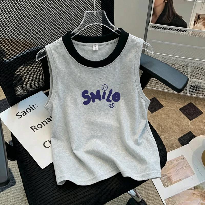 Korean Style Color Block Sleeveless Cotton Vest T-Shirt for Girls (Ages 6-12)