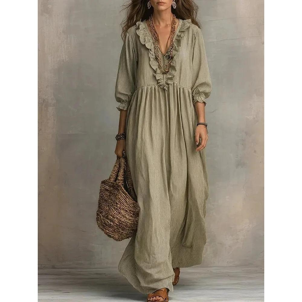 women s Striped Ruffle V Neck Maxi Dress Casual Loose Fit High Waist Long Dress S